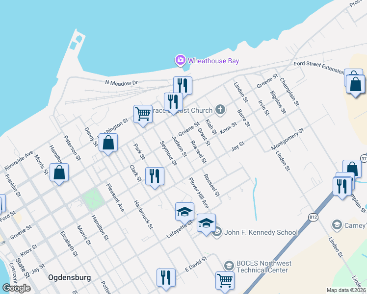 map of restaurants, bars, coffee shops, grocery stores, and more near 420 Judson Street in Ogdensburg