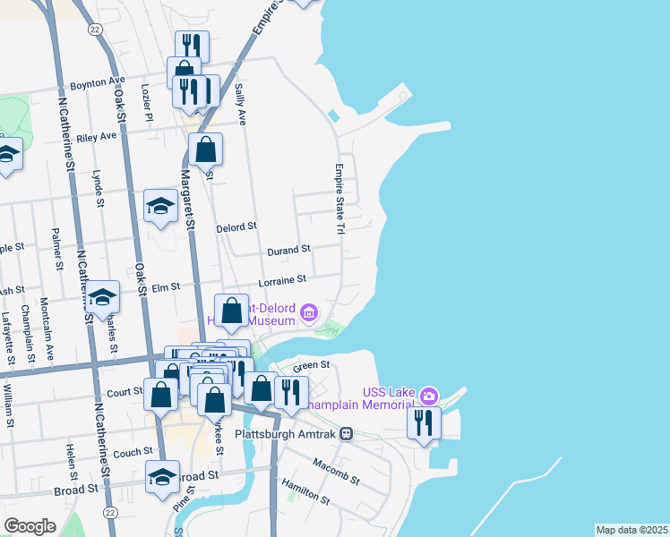 map of restaurants, bars, coffee shops, grocery stores, and more near 49 Cumberland Avenue in Plattsburgh