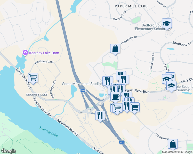 map of restaurants, bars, coffee shops, grocery stores, and more near 100 Armenia Drive in Bedford