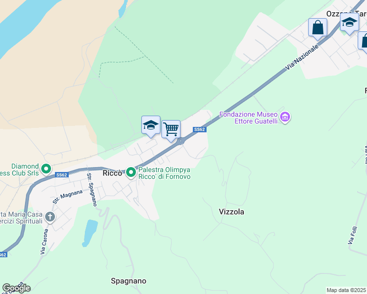map of restaurants, bars, coffee shops, grocery stores, and more near 107 Strada della Cisa in Riccò