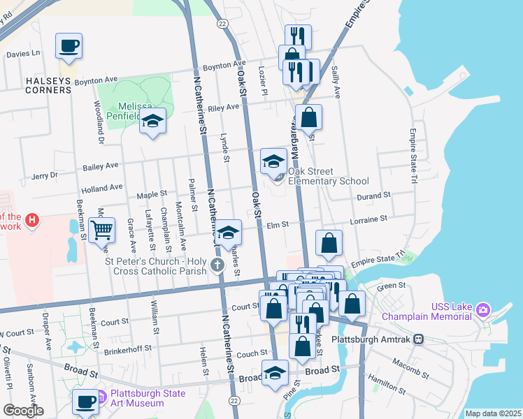 map of restaurants, bars, coffee shops, grocery stores, and more near 94 Oak Street in Plattsburgh