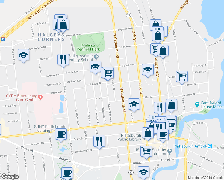 map of restaurants, bars, coffee shops, grocery stores, and more near 15 Palmer Street in Plattsburgh