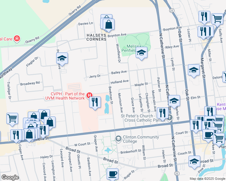map of restaurants, bars, coffee shops, grocery stores, and more near 104-108 Beekman St in Plattsburgh