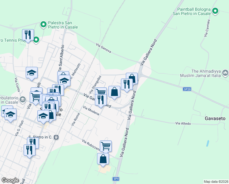 map of restaurants, bars, coffee shops, grocery stores, and more near 22 Via Antonio Gramsci in San Pietro In Casale