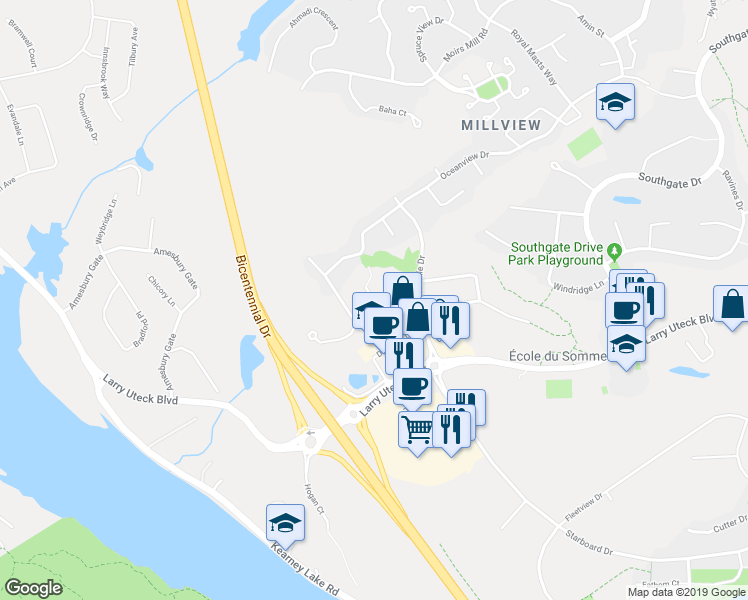 map of restaurants, bars, coffee shops, grocery stores, and more near Fairwinds Place in Bedford