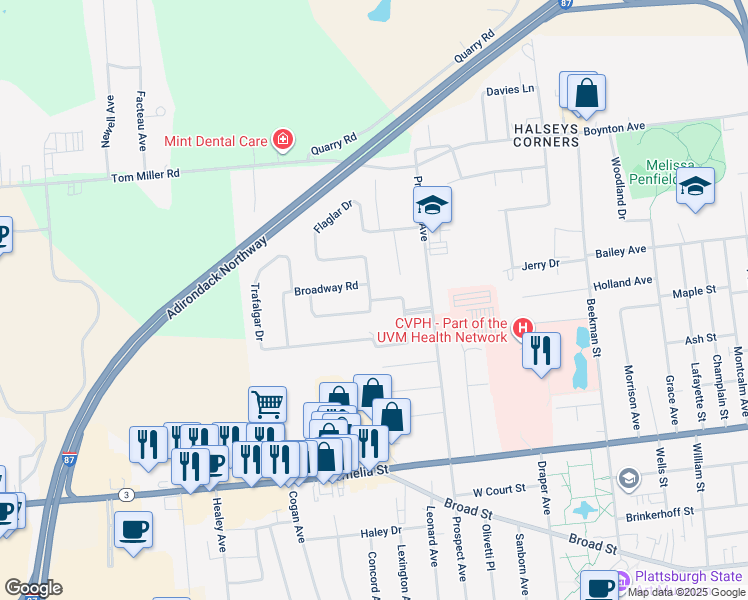 map of restaurants, bars, coffee shops, grocery stores, and more near 36 Crescent Dr in Plattsburgh