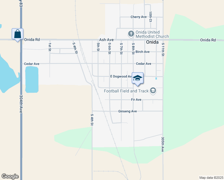 map of restaurants, bars, coffee shops, grocery stores, and more near 601 Elm Avenue in Onida