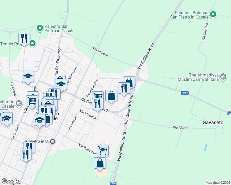 map of restaurants, bars, coffee shops, grocery stores, and more near 22 Via Antonio Gramsci in San Pietro In Casale