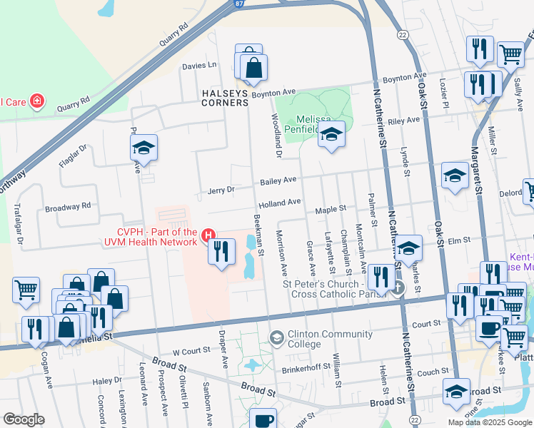 map of restaurants, bars, coffee shops, grocery stores, and more near 104 Beekman Street in Plattsburgh