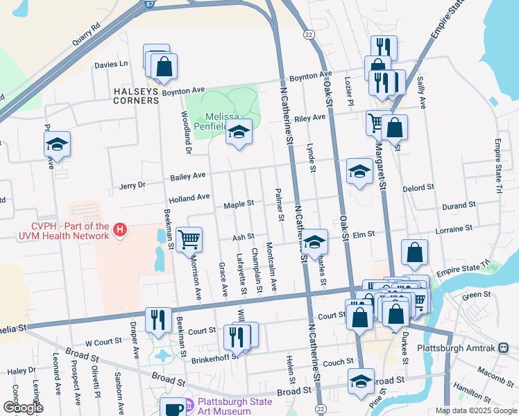 map of restaurants, bars, coffee shops, grocery stores, and more near 99 Montcalm Avenue in Plattsburgh