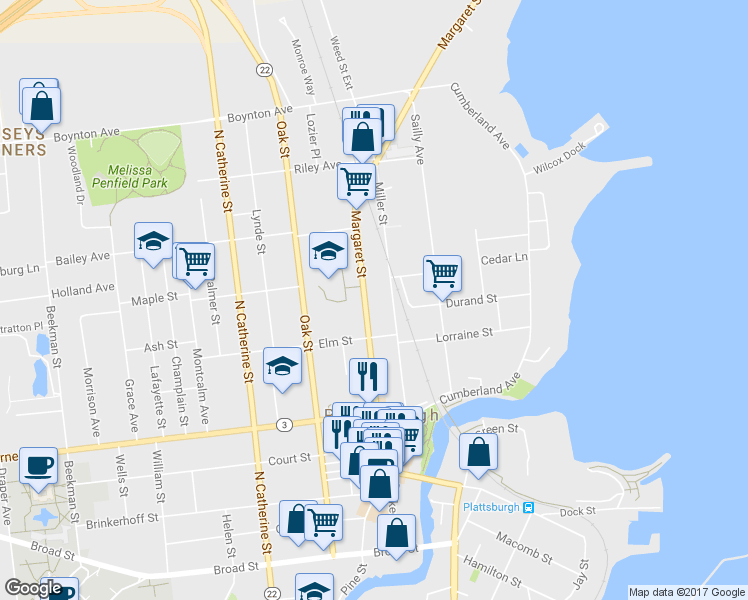 map of restaurants, bars, coffee shops, grocery stores, and more near 212 Margaret Street in Plattsburgh
