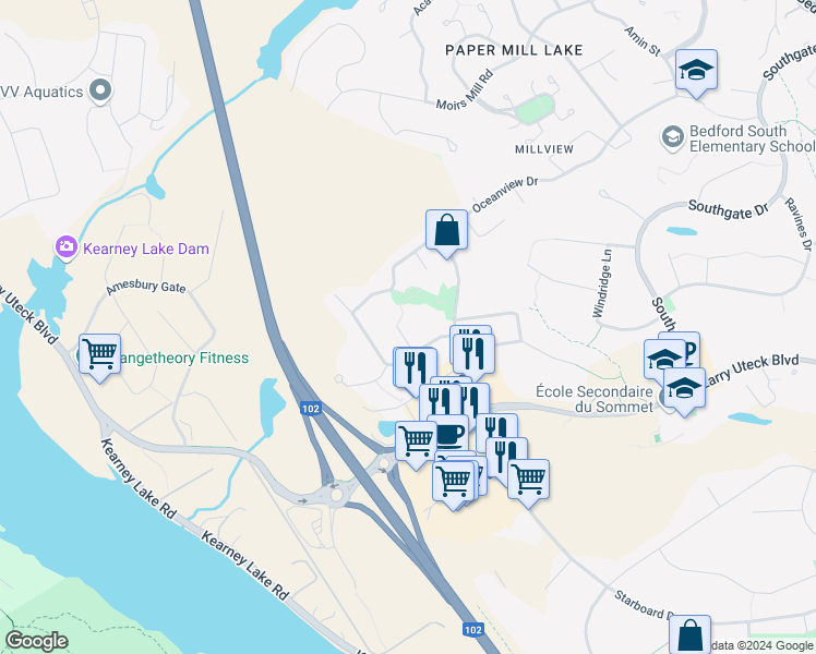 map of restaurants, bars, coffee shops, grocery stores, and more near 21 Fairwinds Place in Bedford