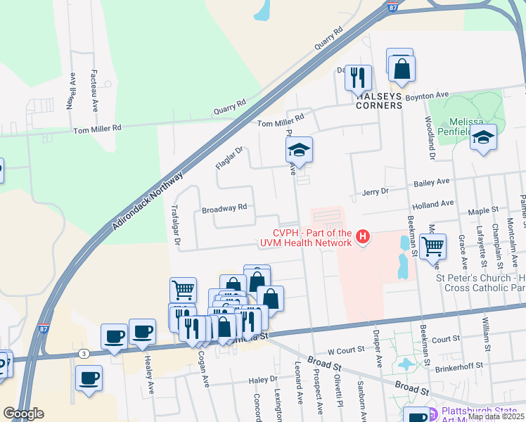 map of restaurants, bars, coffee shops, grocery stores, and more near 36 Crescent Drive in Plattsburgh