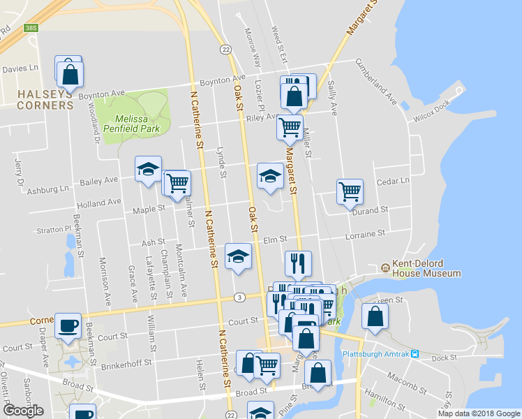 map of restaurants, bars, coffee shops, grocery stores, and more near 102 Oak Street in Plattsburgh