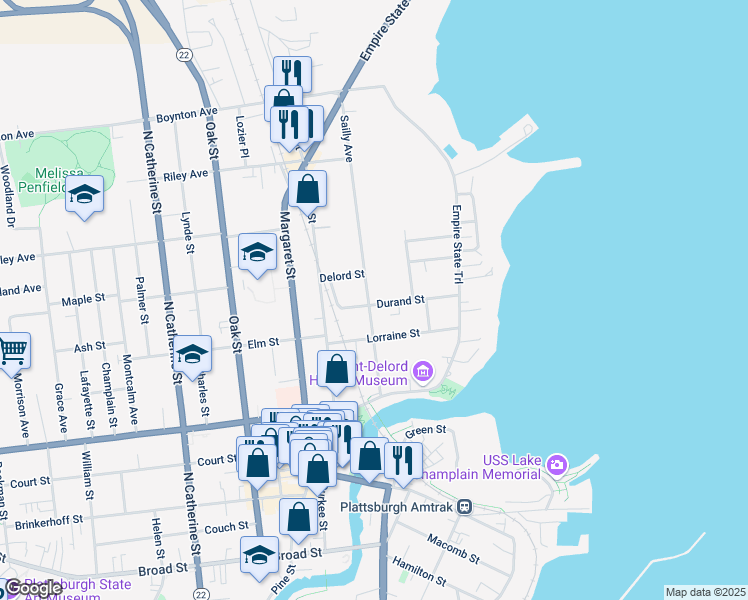 map of restaurants, bars, coffee shops, grocery stores, and more near 40 Sailly Avenue in Plattsburgh