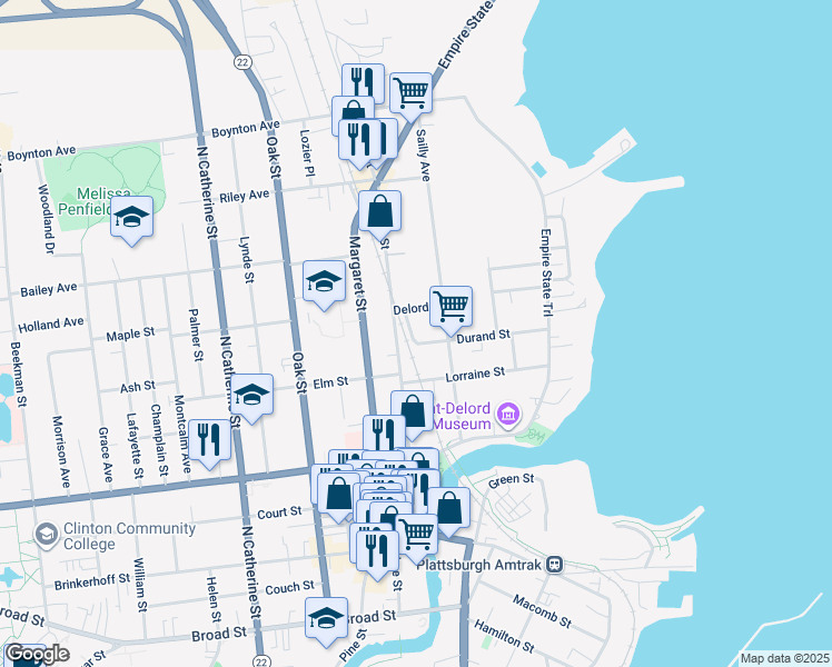 map of restaurants, bars, coffee shops, grocery stores, and more near 1 Deland Way in Plattsburgh