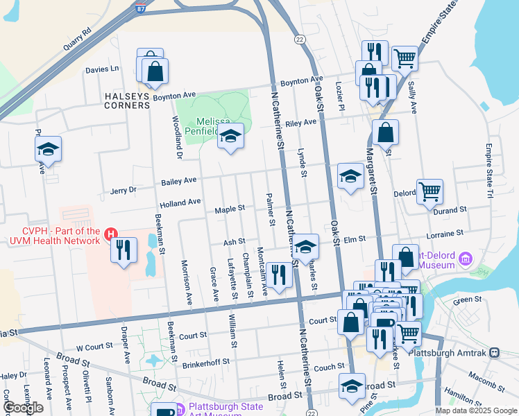 map of restaurants, bars, coffee shops, grocery stores, and more near 102 Montcalm Avenue in Plattsburgh