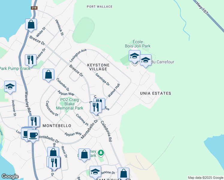 map of restaurants, bars, coffee shops, grocery stores, and more near 42 Saratoga Drive in Dartmouth