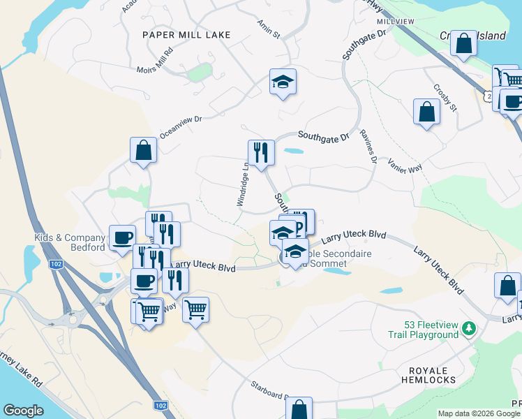 map of restaurants, bars, coffee shops, grocery stores, and more near 35 Windridge Lane in Bedford