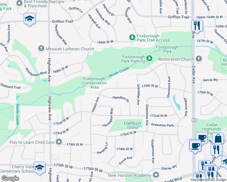 map of restaurants, bars, coffee shops, grocery stores, and more near 8058 170th Street West in Lakeville