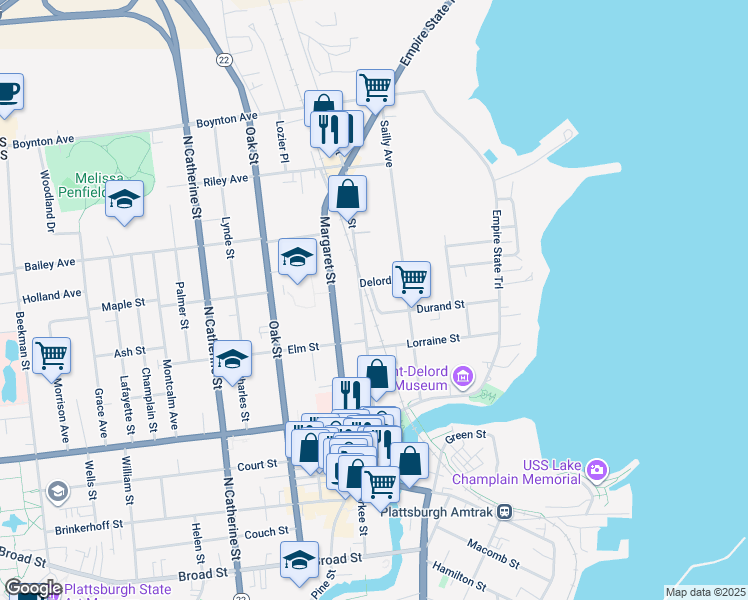 map of restaurants, bars, coffee shops, grocery stores, and more near 9 Deland Way in Plattsburgh