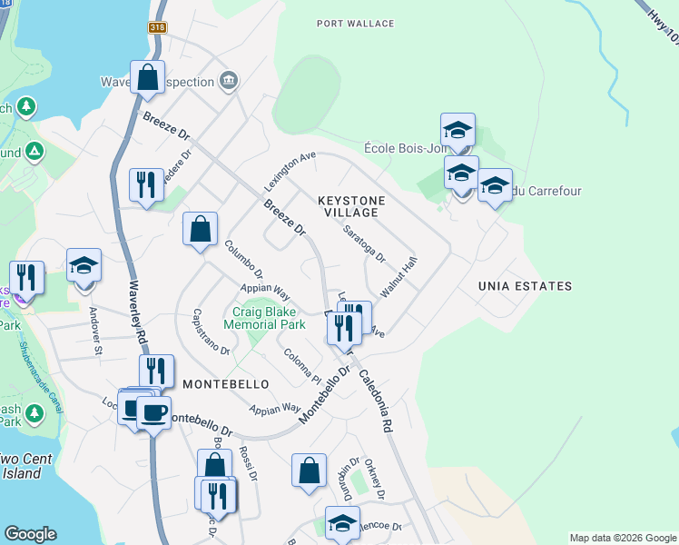 map of restaurants, bars, coffee shops, grocery stores, and more near 17 Pompano Court in Dartmouth