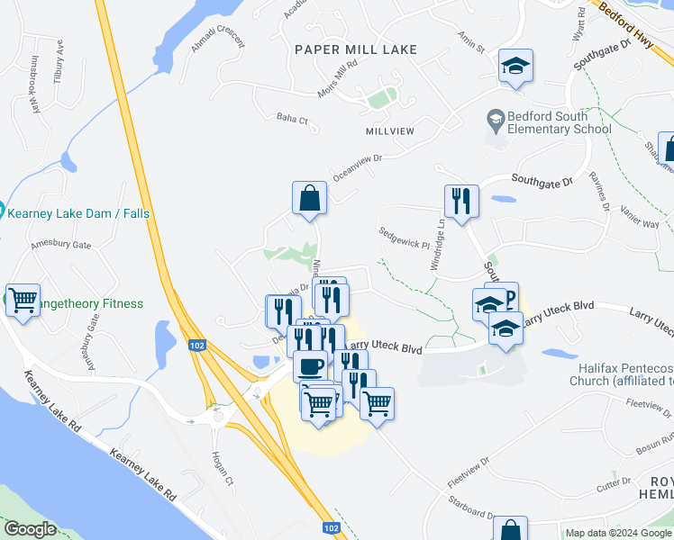 map of restaurants, bars, coffee shops, grocery stores, and more near Ternan Gate in Bedford