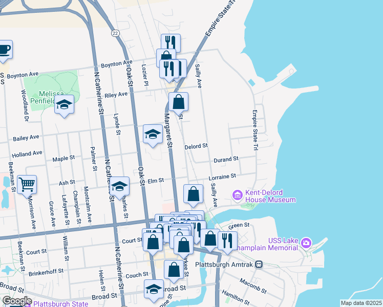 map of restaurants, bars, coffee shops, grocery stores, and more near 9 Deland Way in Plattsburgh