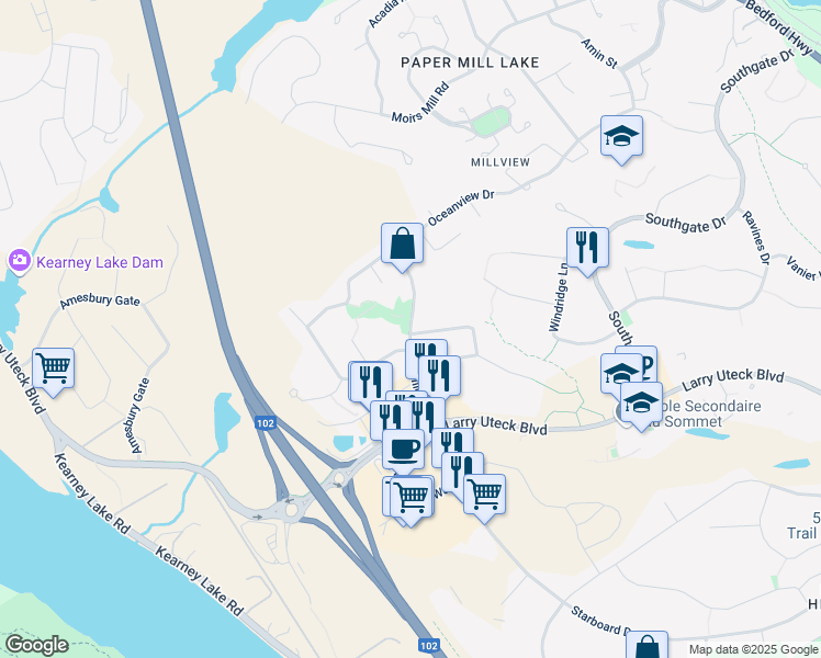 map of restaurants, bars, coffee shops, grocery stores, and more near Nine Mile Drive in Bedford