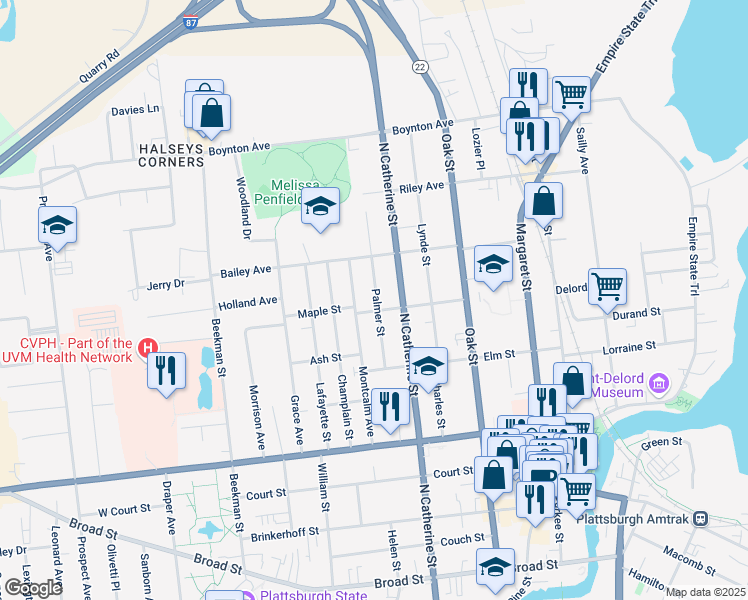 map of restaurants, bars, coffee shops, grocery stores, and more near 102 Montcalm Avenue in Plattsburgh