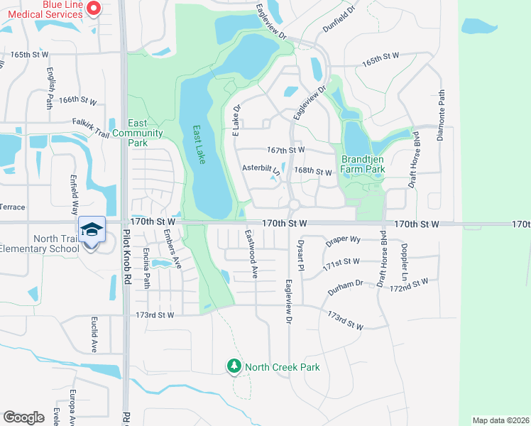map of restaurants, bars, coffee shops, grocery stores, and more near 16899 East Lake Drive in Lakeville
