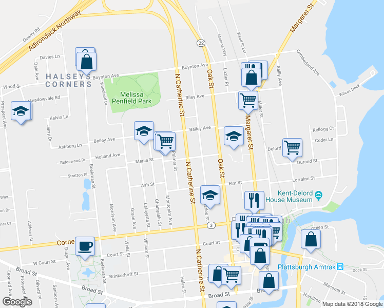 map of restaurants, bars, coffee shops, grocery stores, and more near 18 Stetson Avenue in Plattsburgh