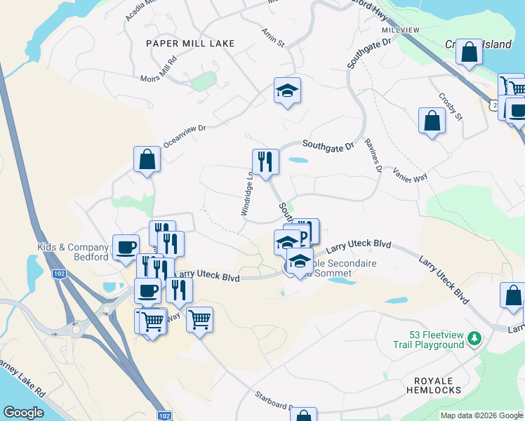 map of restaurants, bars, coffee shops, grocery stores, and more near 35 Windridge Lane in Bedford