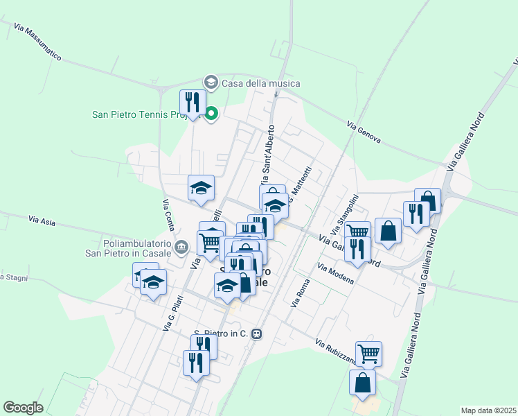 map of restaurants, bars, coffee shops, grocery stores, and more near 12 Via Benelli in San Pietro In Casale