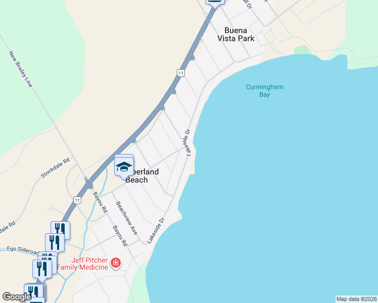 map of restaurants, bars, coffee shops, grocery stores, and more near Lakeside Drive in Orillia