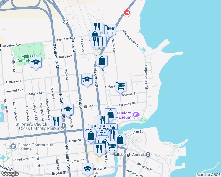 map of restaurants, bars, coffee shops, grocery stores, and more near 1 Deland Way in Plattsburgh