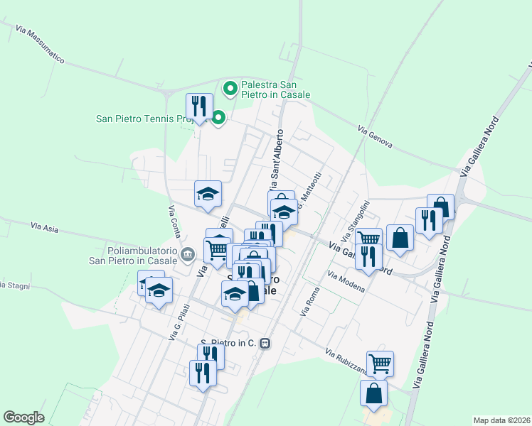 map of restaurants, bars, coffee shops, grocery stores, and more near 12 Via Benelli in San Pietro In Casale