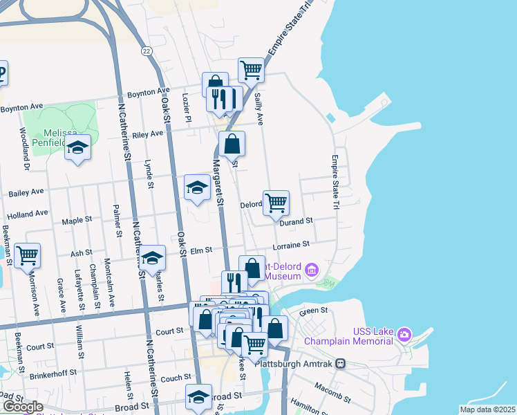 map of restaurants, bars, coffee shops, grocery stores, and more near 12 Delord Street in Plattsburgh