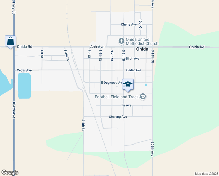 map of restaurants, bars, coffee shops, grocery stores, and more near 601-699 Elm Avenue in Onida