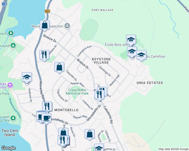 map of restaurants, bars, coffee shops, grocery stores, and more near 4 Pompano Court in Dartmouth