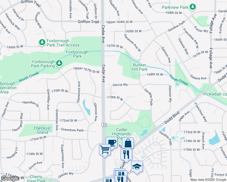 map of restaurants, bars, coffee shops, grocery stores, and more near 16960 Garcia Way West in Rosemount