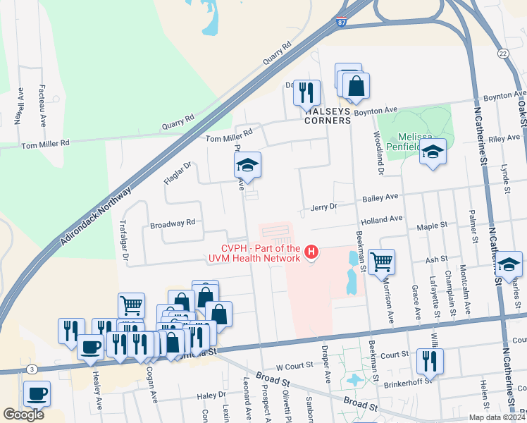 map of restaurants, bars, coffee shops, grocery stores, and more near 154 Prospect Avenue in Plattsburgh