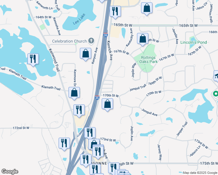 map of restaurants, bars, coffee shops, grocery stores, and more near 16962 Kenrick Avenue in Lakeville