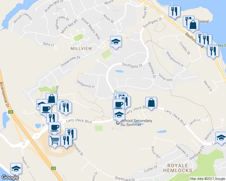 map of restaurants, bars, coffee shops, grocery stores, and more near 276 Ravines Drive in Bedford