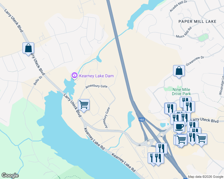 map of restaurants, bars, coffee shops, grocery stores, and more near 182 Amesbury Gate in Bedford