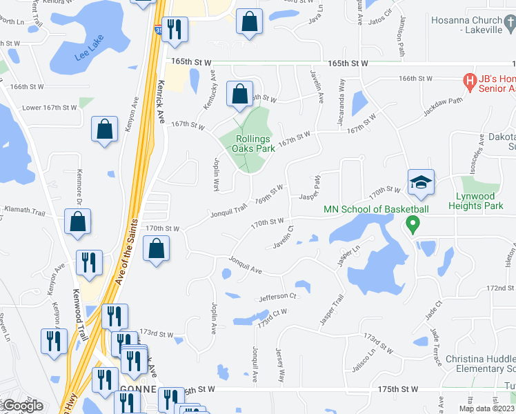 map of restaurants, bars, coffee shops, grocery stores, and more near 10498 169th Street West in Lakeville