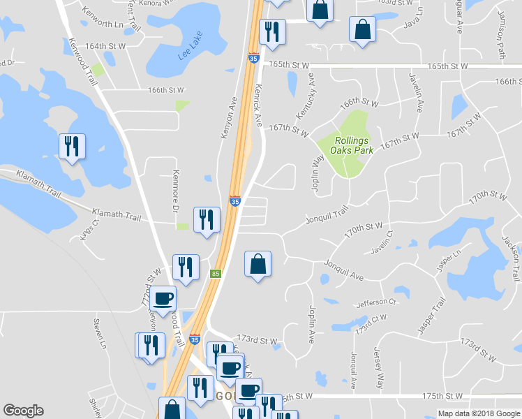 map of restaurants, bars, coffee shops, grocery stores, and more near 16962 Kenrick Avenue in Lakeville