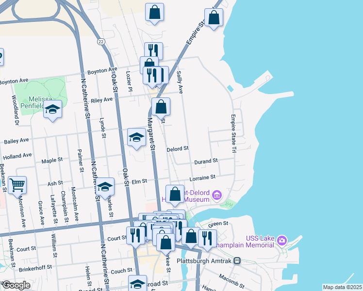 map of restaurants, bars, coffee shops, grocery stores, and more near 66 Sailly Avenue in Plattsburgh