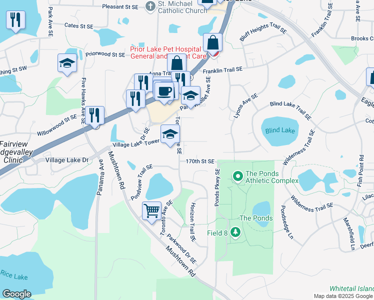 map of restaurants, bars, coffee shops, grocery stores, and more near 16955 Toronto Avenue Southeast in Prior Lake