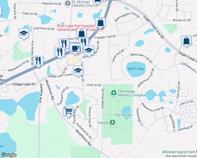 map of restaurants, bars, coffee shops, grocery stores, and more near 4716 Tower Street Southeast in Prior Lake